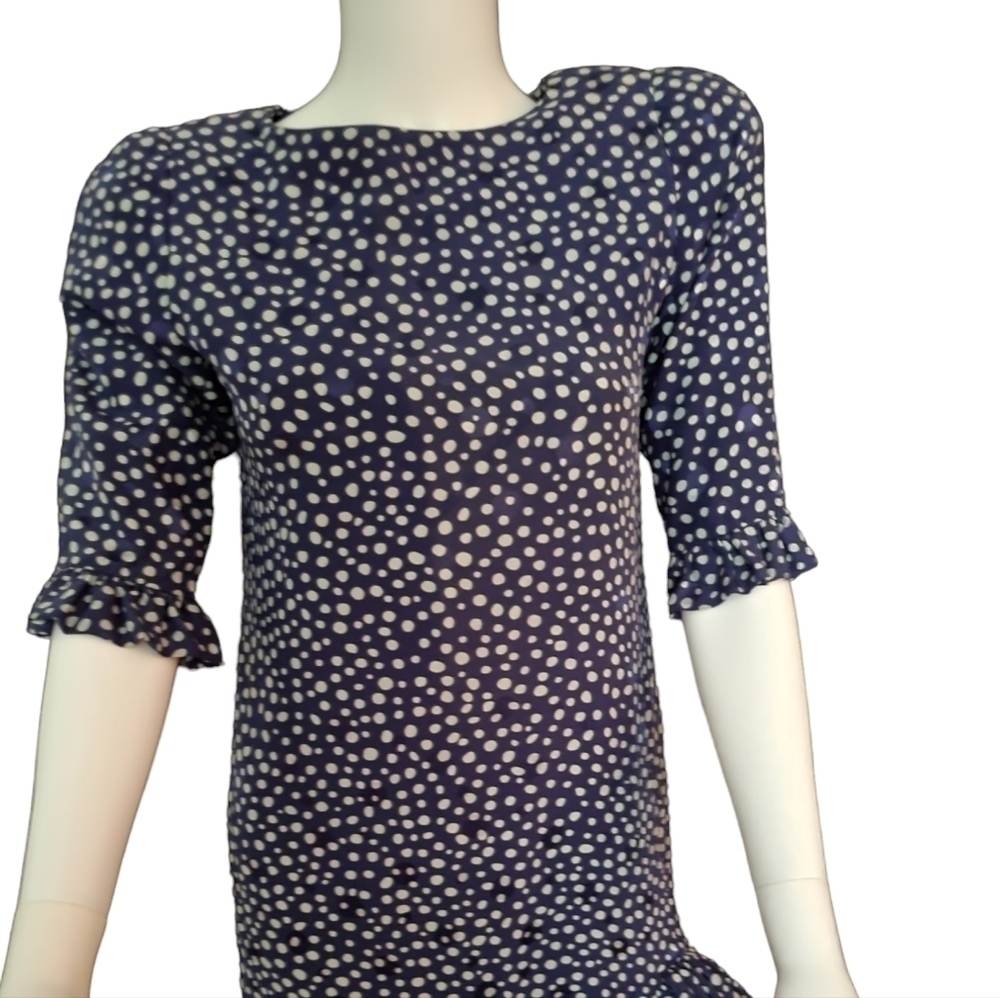 Vintage Stanley Platos Saks Fifth Avenue Dress XS-S Silk Blue Cream Polk…